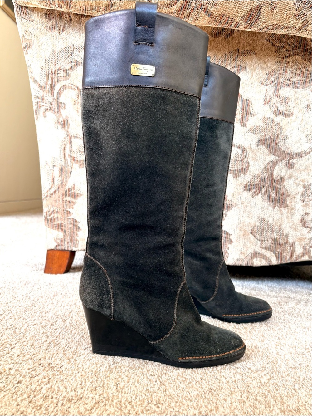 Salvatore Ferragamo Dark Green Suede Leather Wedge Knee Boots